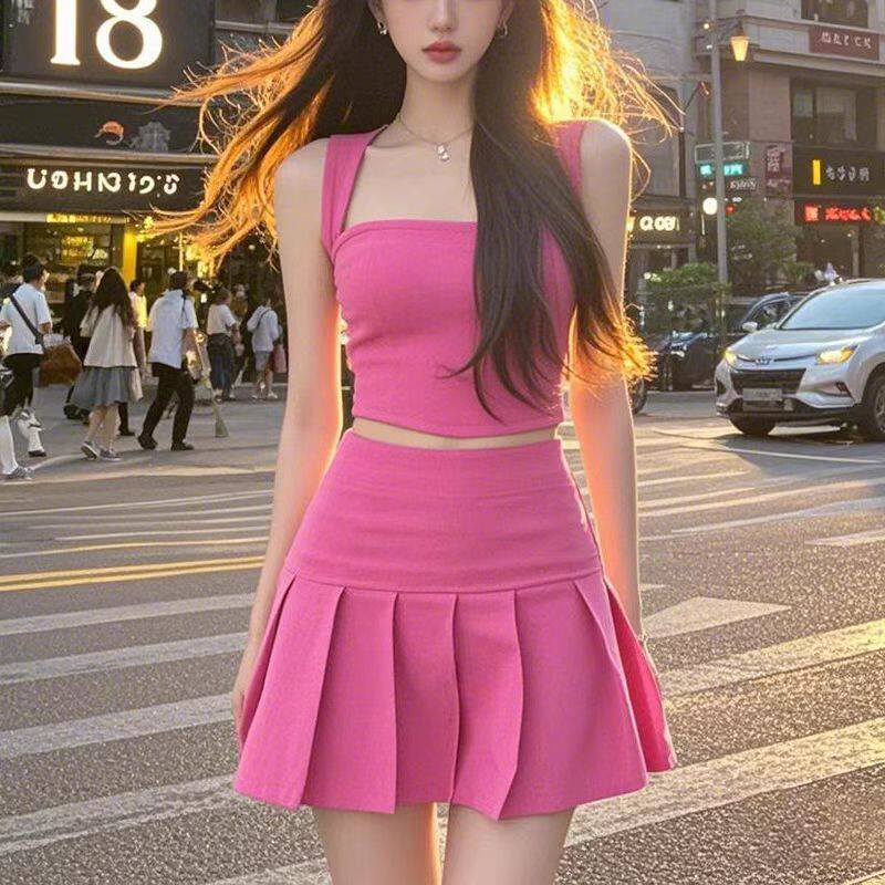 玫红色吊带背心气质辣妹短款上衣女+半身裙两件套