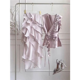 茶里茶气别致套装女夏季高级感立体花朵背心气质荷叶边裙子两件套