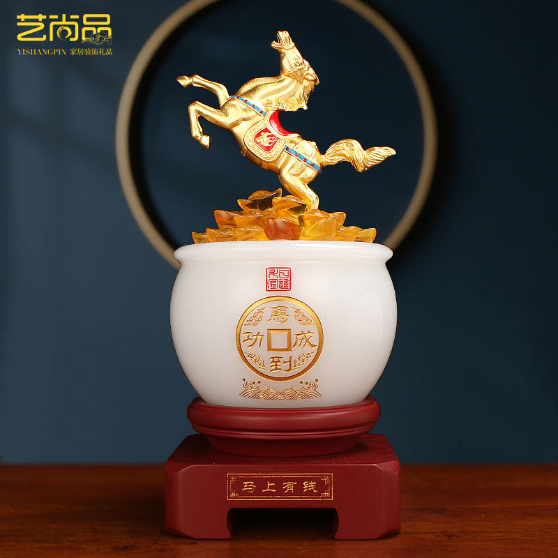 艺尚品 琉璃玉聚宝盆摆件马到成功商务送礼办公室桌面装饰工艺品