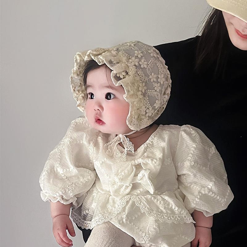 宝宝帽子春夏薄款蕾丝宫廷帽婴幼儿花边公主帽出游遮阳帽护耳帽韩