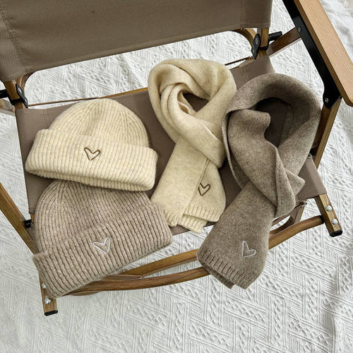 韩版爱心刺绣儿童两件套帽子围巾女童秋冬纯色针织套装宝宝保暖帽