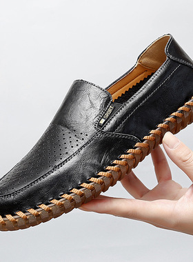 Large men's shoes, breathable genuine leather hollow out le