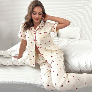 2024 Summer Cherry Printed Cardigan Set, Casual Home Clothe