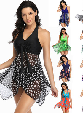 Swimsuit women's plus size cross tie mesh skirt split bikin