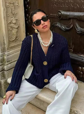 2024 autumn and winter fashion cardigan V-neck pocket long