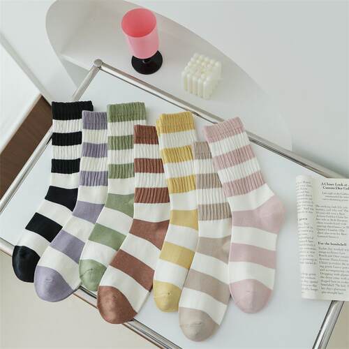 Autumn and winter women's mid tube socks with colorful stri