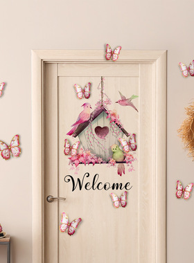 Cartoon birds, flower vines, house door stickers, wall stic