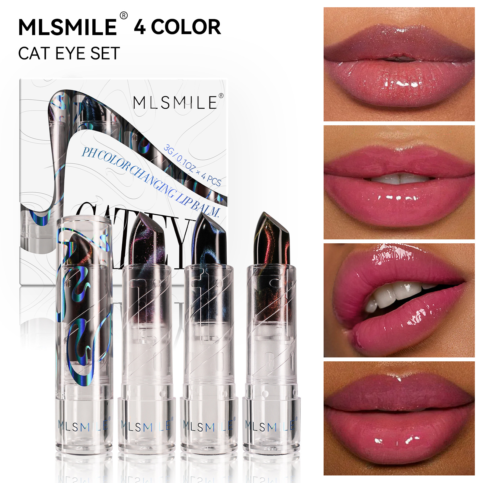 Color changing lipstick set, 4 pieces, fine flash cat eye,