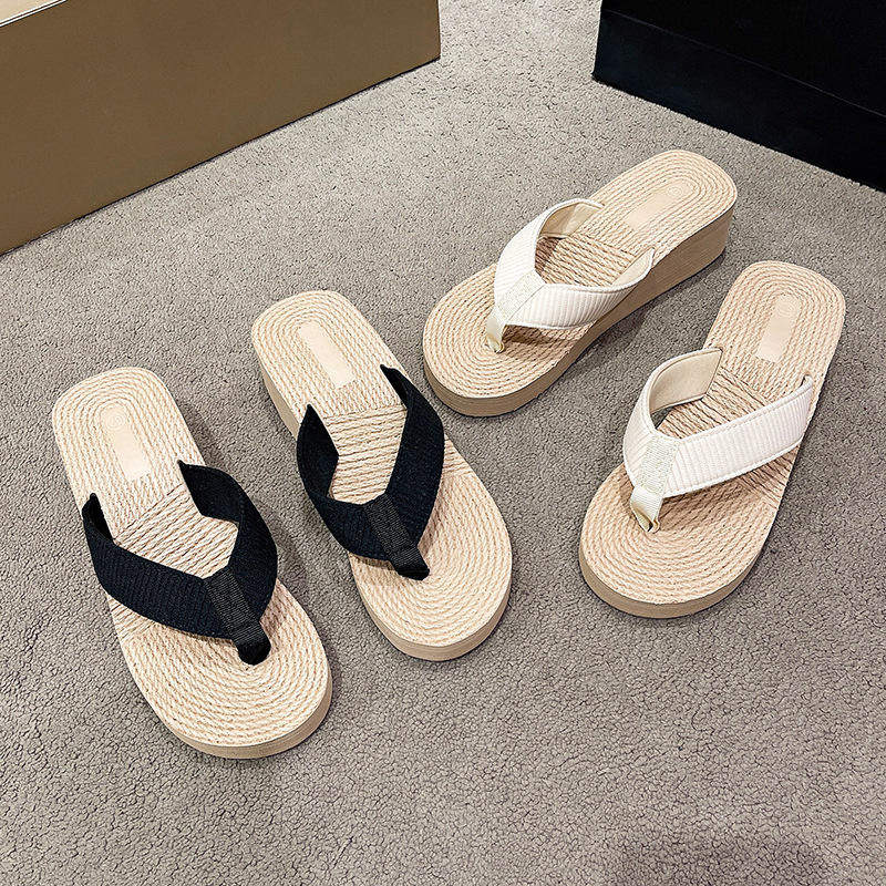 Straw woven tourism Ma Di Po heel slippers for women, Korea