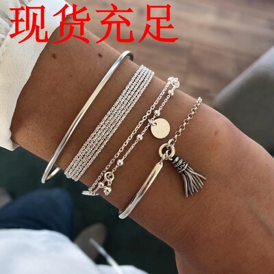 Silver smooth tassel bracelet, personalized multi-layer cha