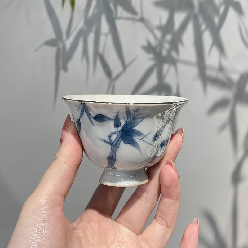 惊蛰手绘君子竹茶杯单杯陶瓷家用品茗杯盖碗茶壶复古喝茶杯主人杯