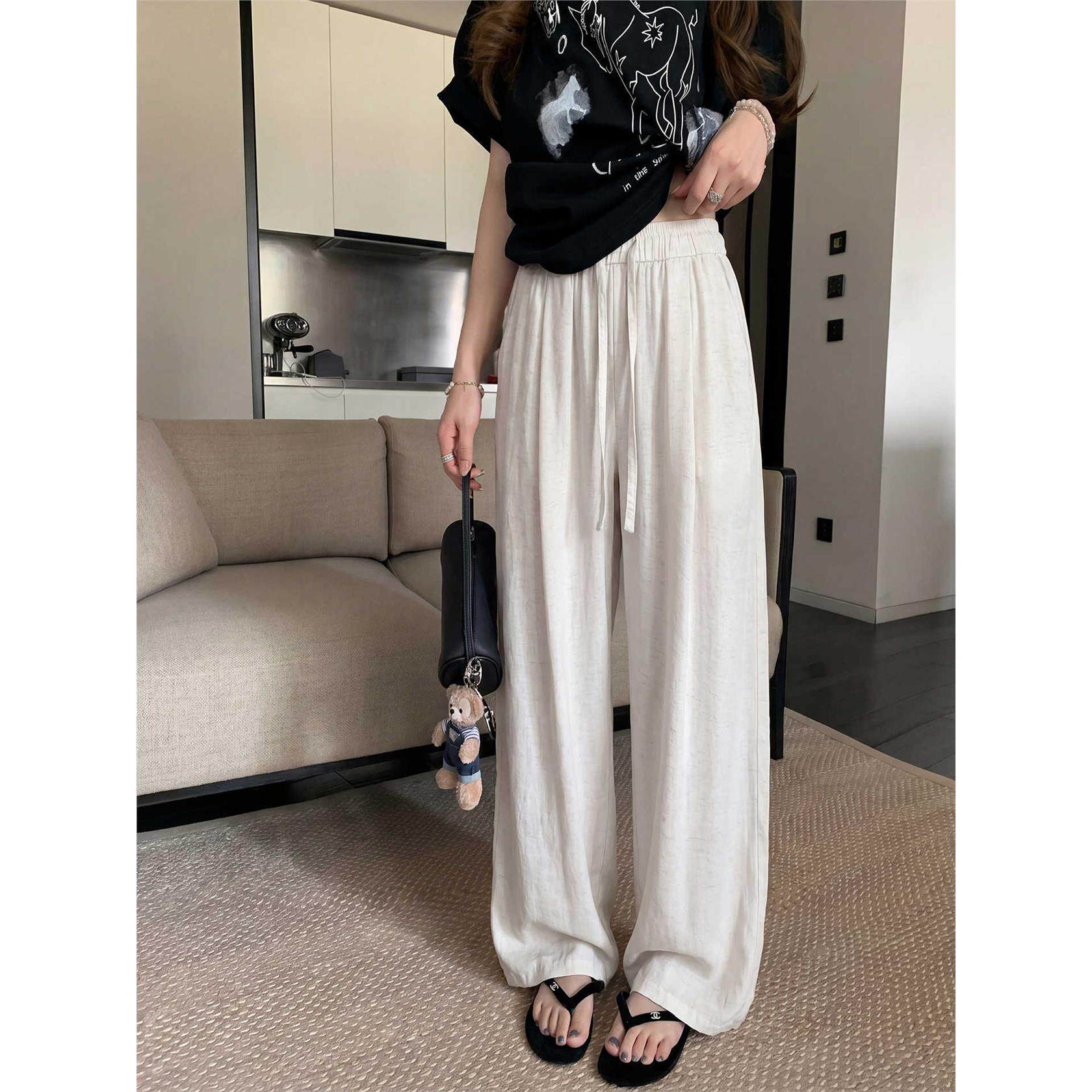 白色亚麻裤子女夏季薄款直筒宽松慵懒休闲垂坠感老钱风棉麻阔腿裤