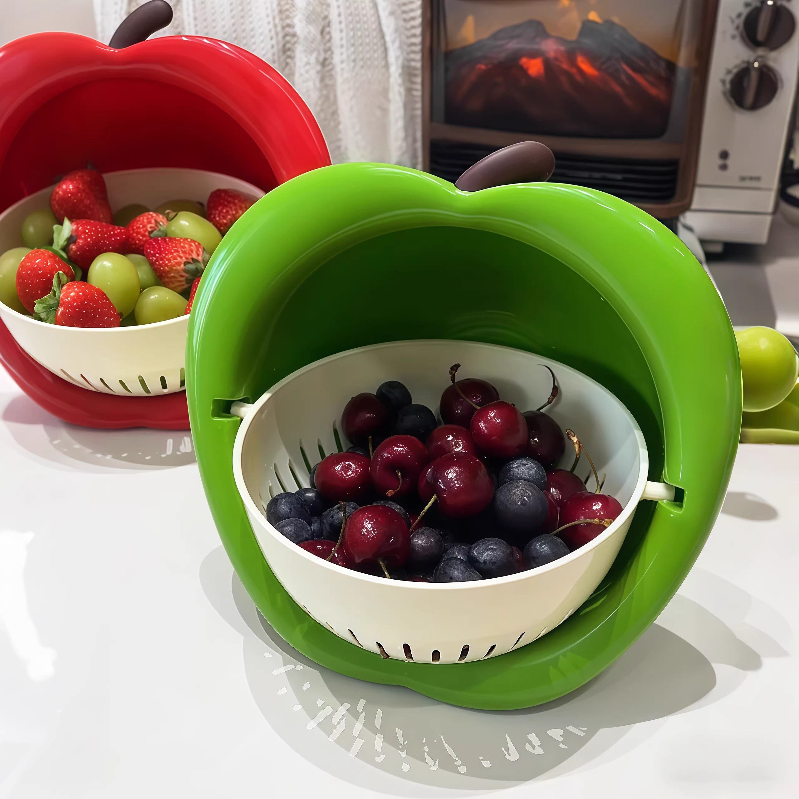 可爱苹果双层沥水篮滤水洗水果菜盆高颜值多功能果盘厨房洗菜家用,餐饮具,果盆/果盘/果篮,淘宝优惠券,粉丝福利购,淘宝优惠卷