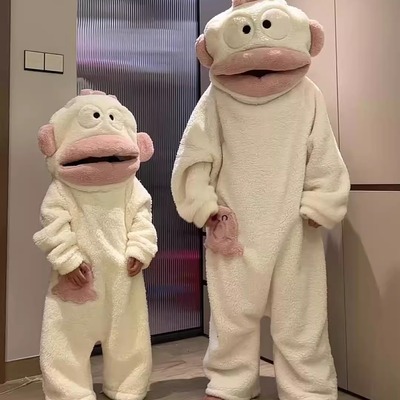 丑鱼搞怪连体情侣睡衣珊瑚绒冬季加绒加厚保暖卡通大嘴鱼家居服