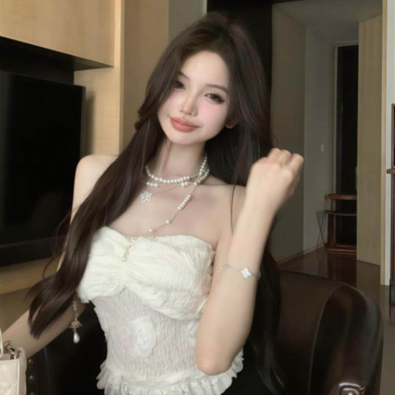 甜美减龄白色蕾丝花边抹胸背心女立体花朵性感一字肩露肩修身上衣