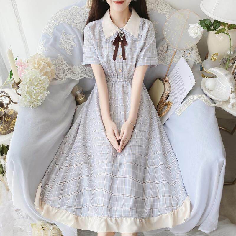 小清新学院风雪纺连衣裙女2025夏季新款学生少女格子收腰森系裙子