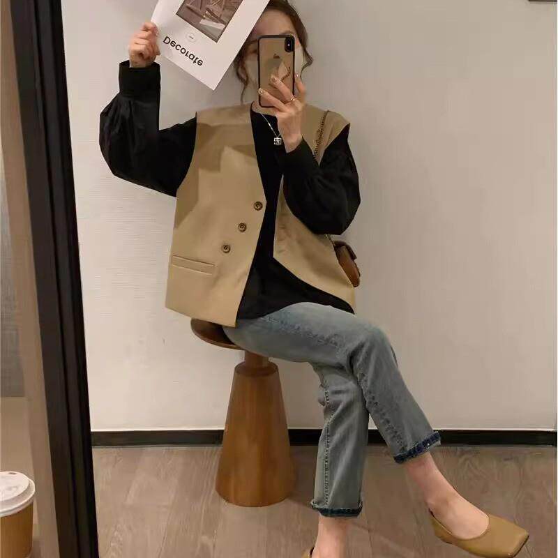 卡其色西装马甲女2024年春秋新款设计感百搭叠穿马夹坎肩上衣外套