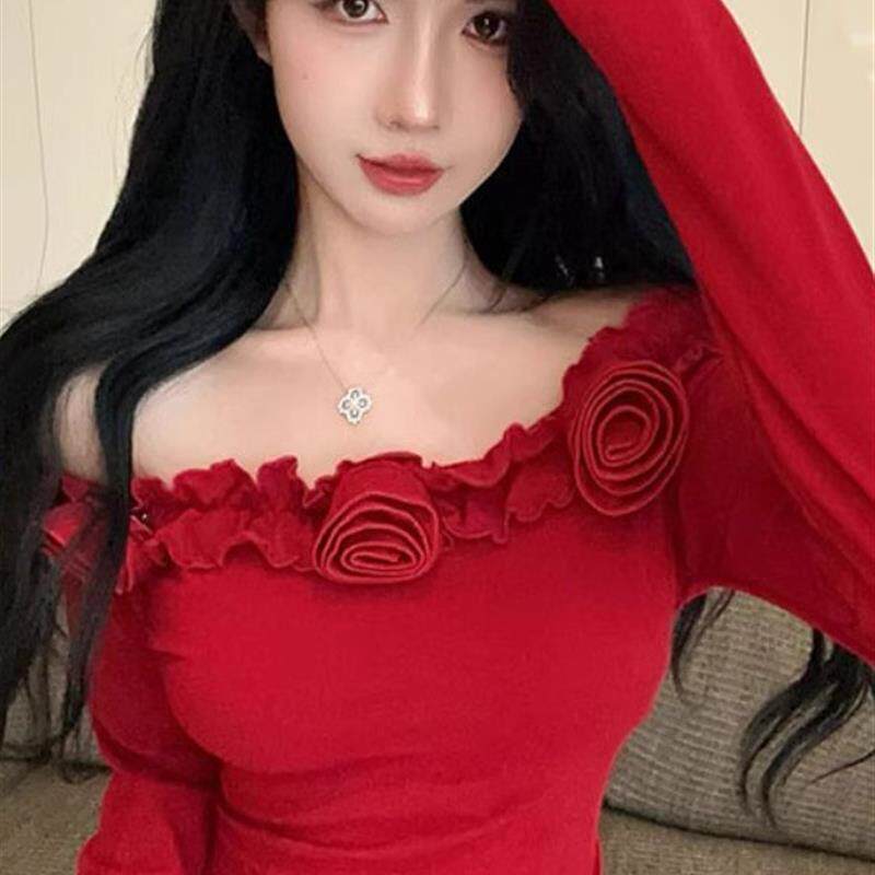 温柔风气质立体花朵一字领上衣女时髦洋气显白红色露肩长袖打底衫