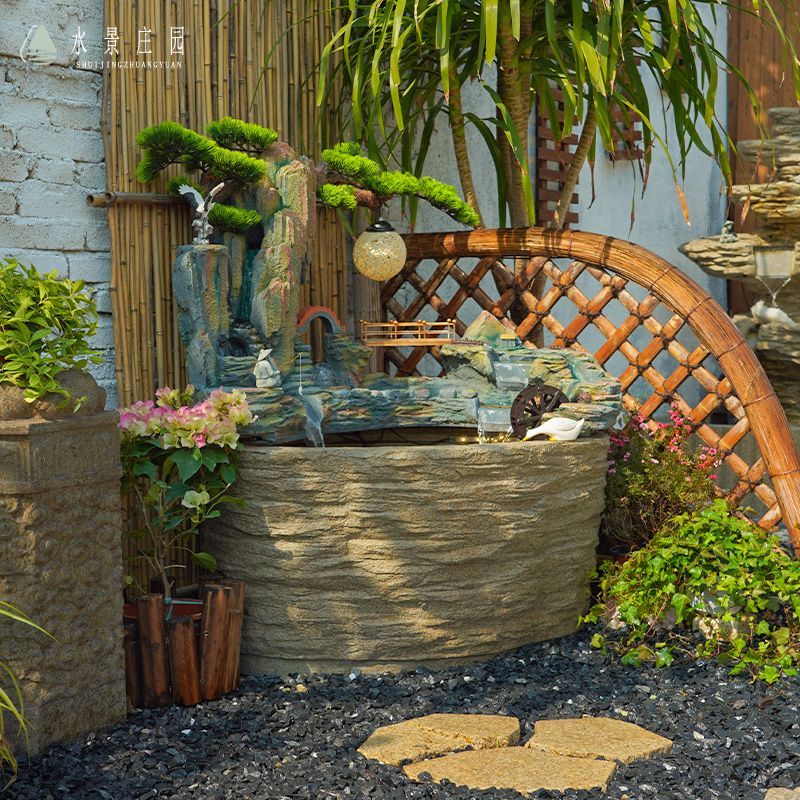 水景庄园庭院摆件古法养鱼水循环雾化人造石鱼缸别墅庭院阳台会所