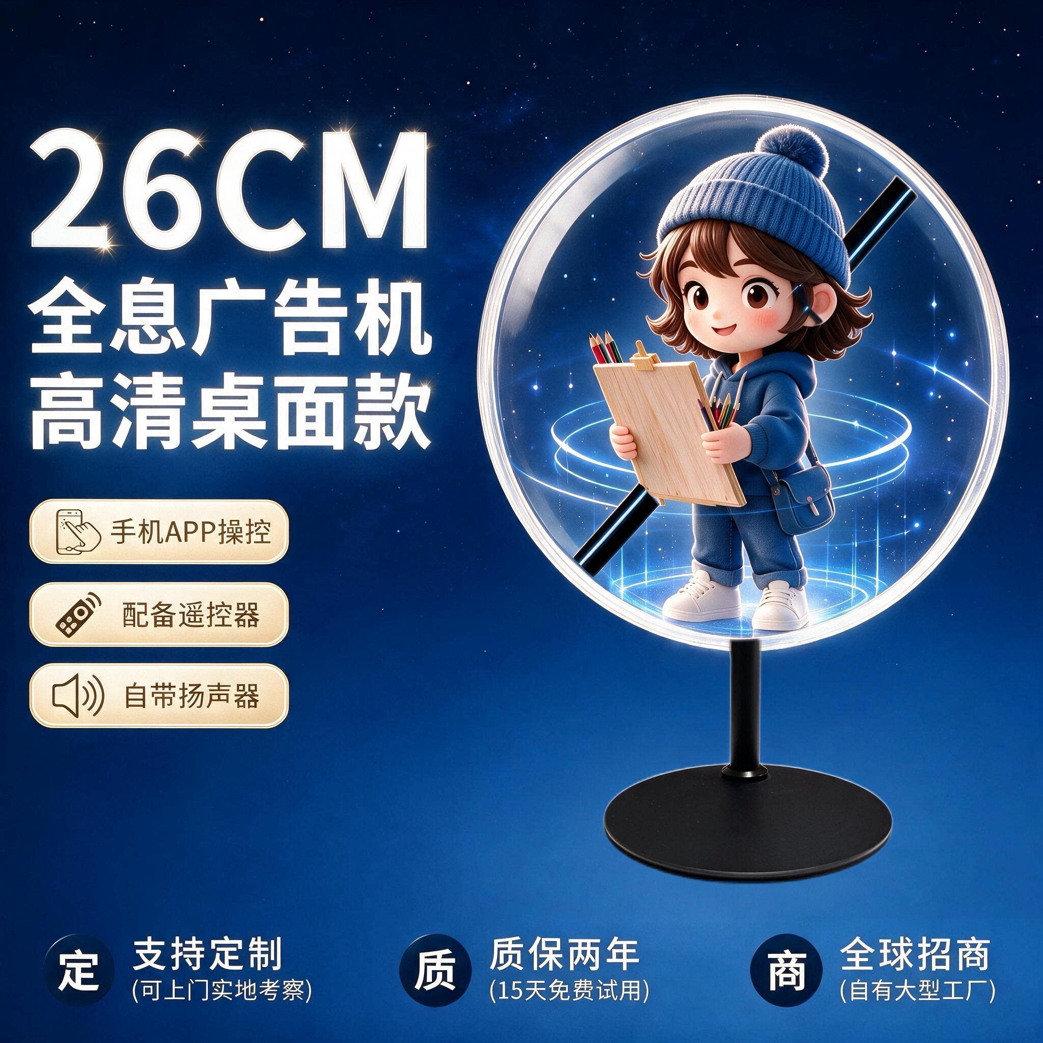 26CM高清3D全息显示桌面款风扇投影仪LED空中立体成像立式广告机