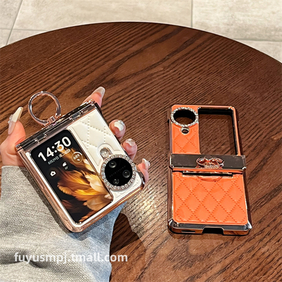 复宇 适用OPPOFindN3Flip手机壳折叠屏新款oppo find n3 flip镶钻小香风皮质菱格电镀铰链指环全包防摔保护套