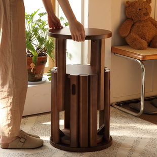 实木可堆折叠餐桌椅子中复古风小户型家用阳台边几茶台圆板凳胡桃