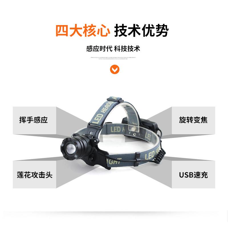 感应强光头灯T6充电远变焦手头戴式电筒射V36夜钓可户外照明钓鱼