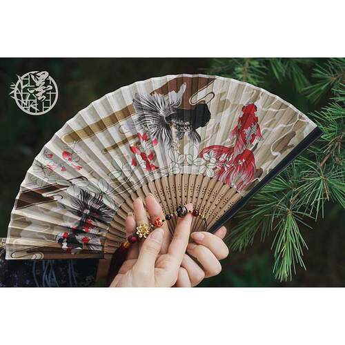 A6L雨墨阁「清影」新品F76TH576子古风和风坠烫金布面折扇金鱼扇
