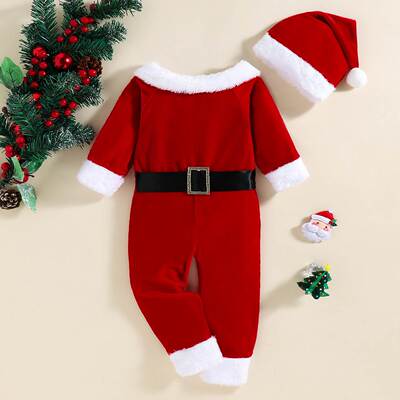 Children's Christmas hat red long sleeved jumpsuit set