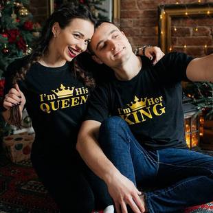 Her Tees Size Couple Crown King Queen HIS shirt Plus Cotton