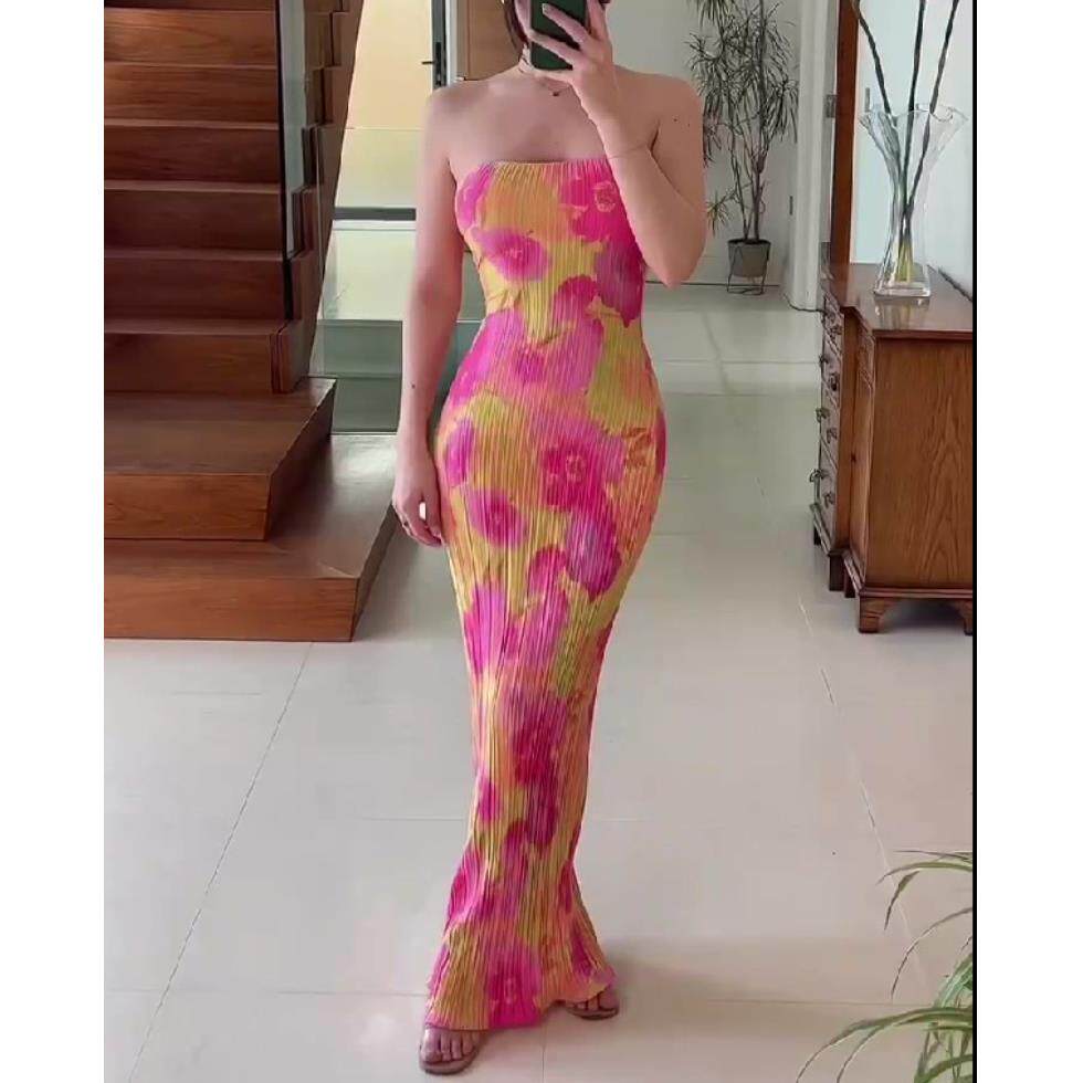 Printed pleated dress 欧美性感抹胸印花压褶露背系带修身连衣裙