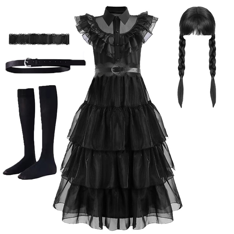 Girls Black Wednesday Addams Costume Party Cosplay Halloween