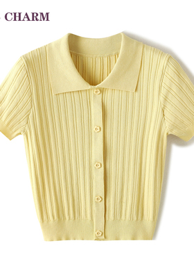 鸢尾花·IRIS/港风软糯鹅黄色翻领polo针织开衫夏新款修身短上衣