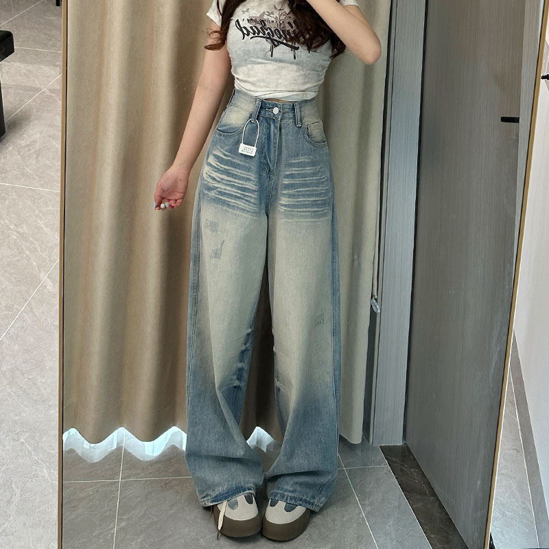 渐变丁达尔破洞直筒阔腿牛仔裤