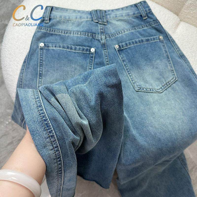 曹漂亮秋季复古阔腿镰刀裤女百搭休闲显瘦直筒牛仔裤女宽松弯刀裤