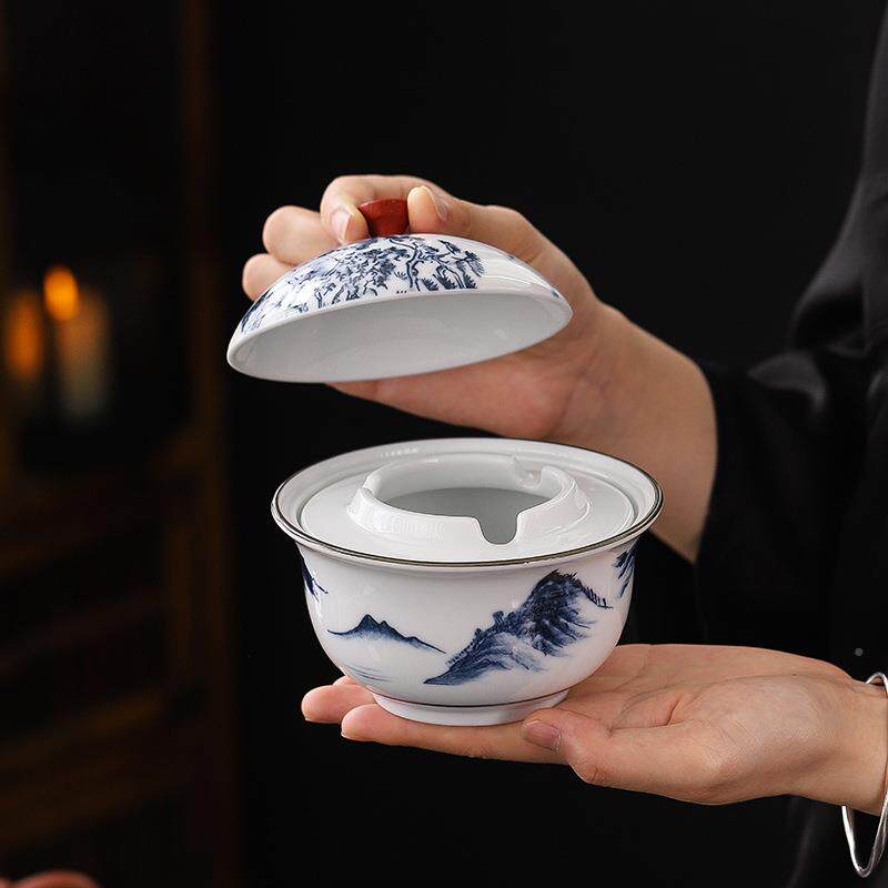 青花复古陶瓷烟灰缸烟雪带盖子办公室防飞灰nantian防自燃灰桶防