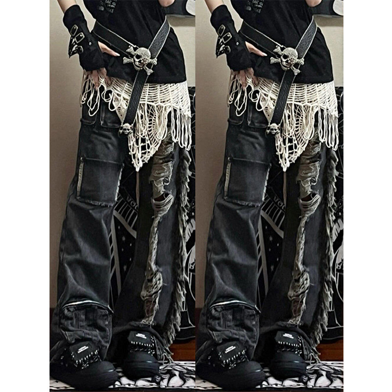 thumbnail for Y2K subculture wears ripped jeans women's spring and summer design sense high waist slim wide-leg pants plus size fat mm