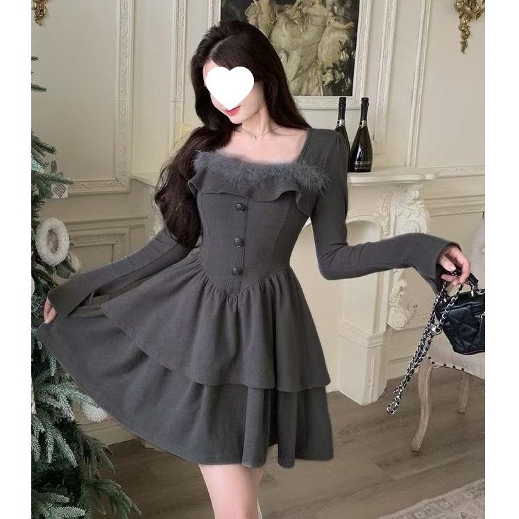 大码微胖mm秋冬新款甜辣妹气质收腰连衣裙显瘦遮肉纯欲蓬蓬短裙女