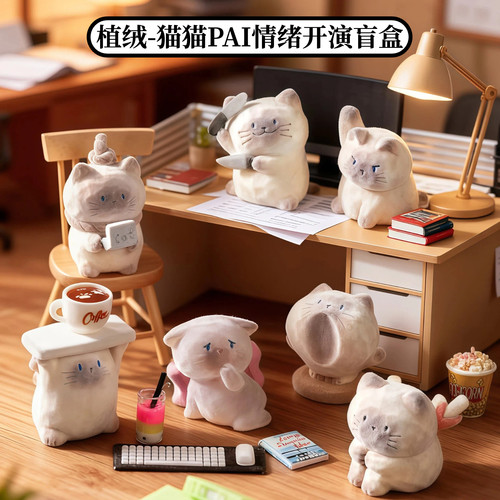 正品植绒猫猫PAL情绪开演盲盒摆件毛绒办公室暹罗猫手办生日礼物
