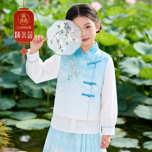 女童新中式国风汉服套装春装2026新款长袖盘扣外套半身裙子两件套