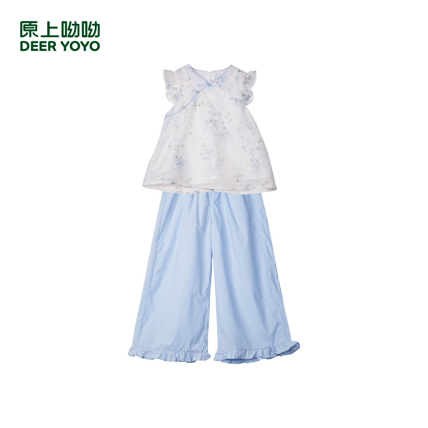 夏季新中式女童盘扣碎花出游套装