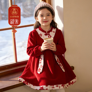 【商场同款】厵yuan女童汉服冬季加厚连衣裙拜年服红色年装演出服
