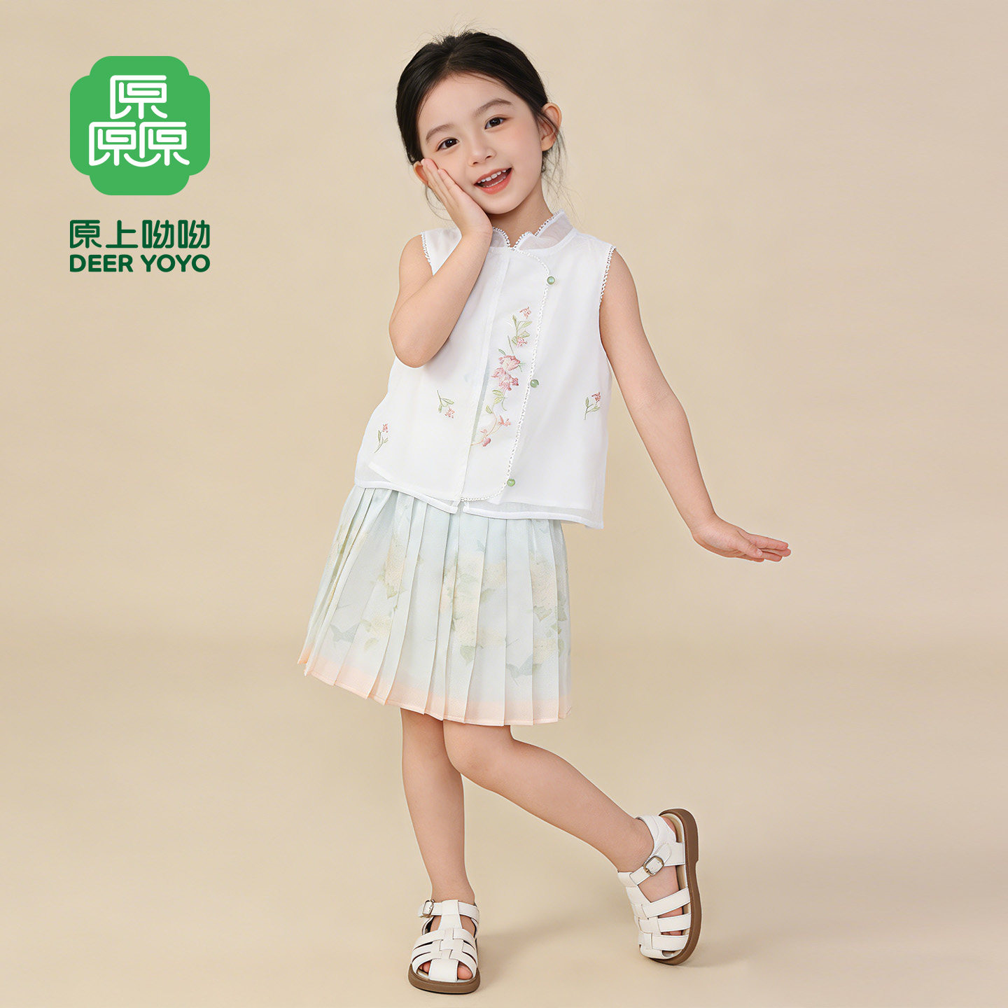 夏季女童中国风透气T恤短裙套装