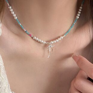 多巴胺彩色串珠珍珠项链女款夏天蝴蝶结锁骨链轻奢小众高级感颈链