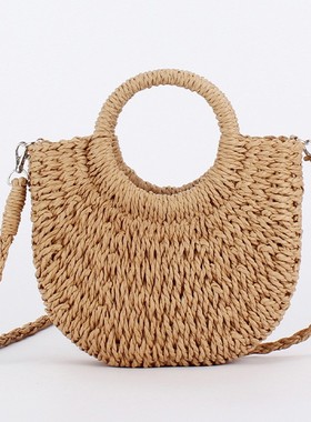 Summer Handwoven Straw Rattan Half-Moon Beach Handbag编织包