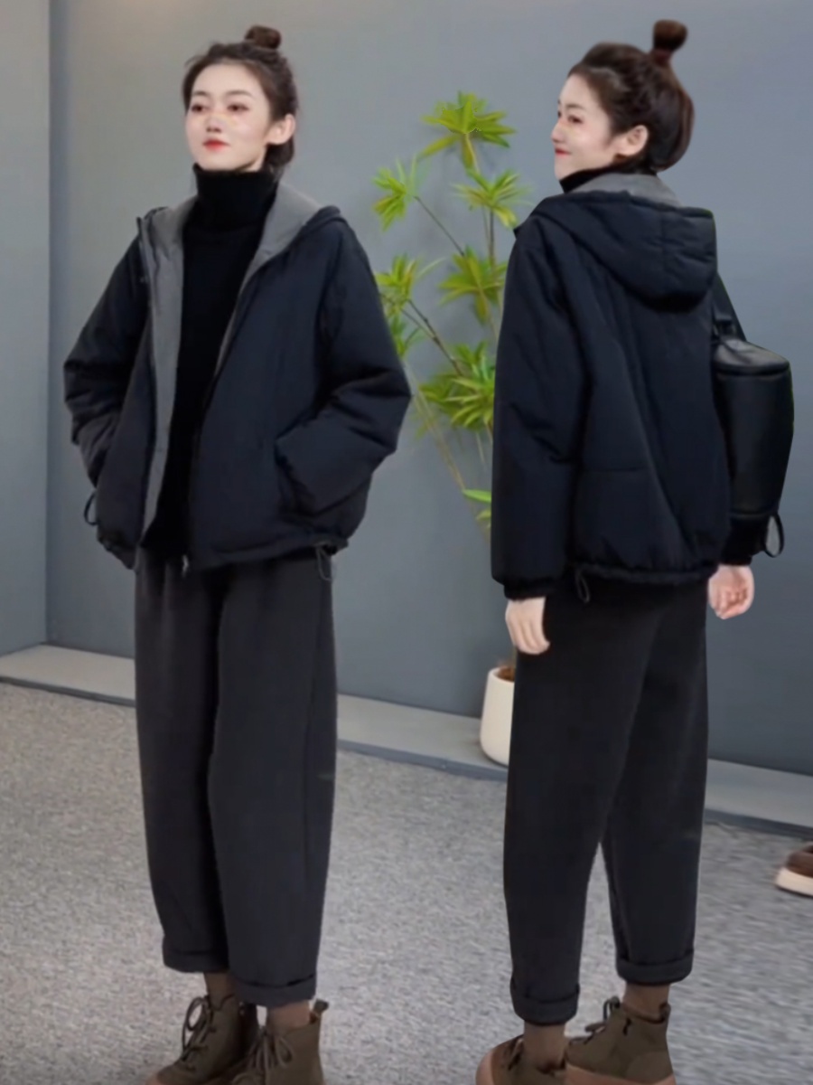 欧货设计感两面穿连帽棉服外套女2025秋冬新款小个子短款轻薄棉衣