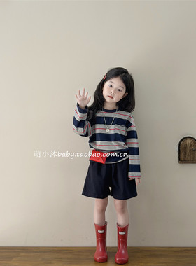 春季女童休闲宽条纹套头T恤上衣