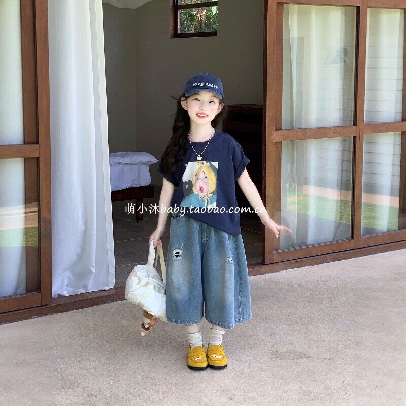 儿童洋气宽松阔腿裤2026新款韩版男女童夏季休闲破洞牛仔七分裤潮