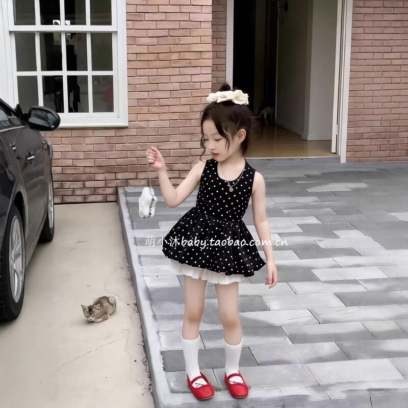 女童夏荷叶边波点无袖挂脖连衣裙