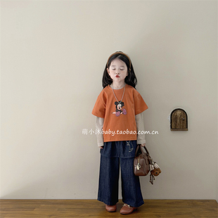 儿童洋气休闲套装2026新款韩版女童春款卡通短袖T网纱T叠穿两件套